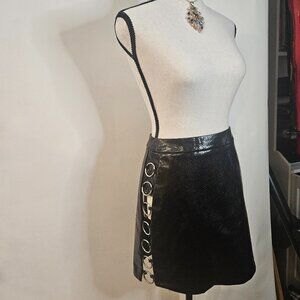 Edgy Tiger Mist Sm Black PU Leather/Cotton Blend A-Line Mini Skirt